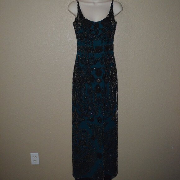 Sz 4 Badgley Mischka Black Blueish Green Beaded Long Formal Dress - Picture 1 of 10